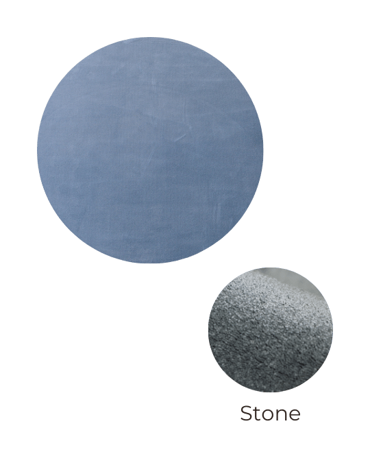 Topshot rond stone tapijt en close-up duurzaam opverend materiaal.