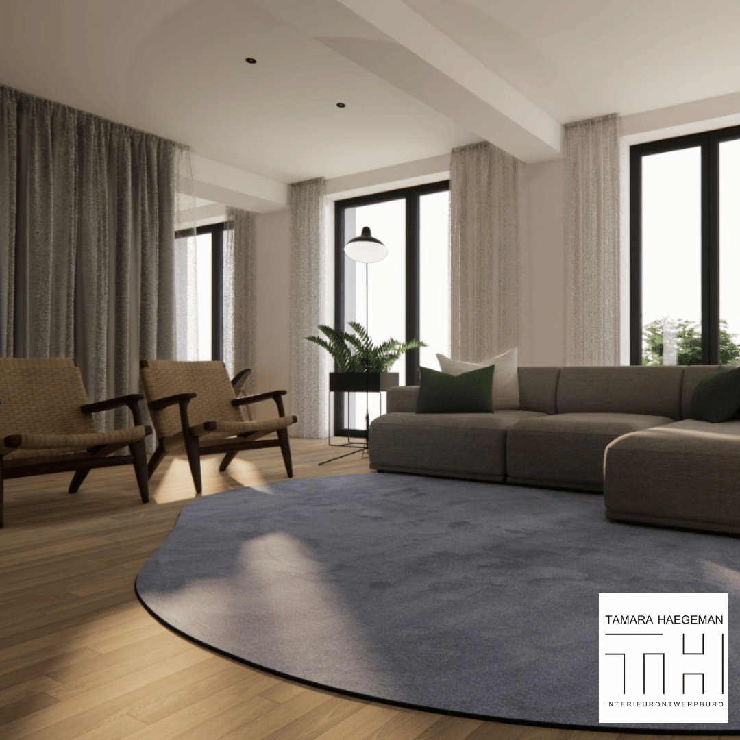 Interieurontwerp binnenhuisarchitect van woonkamer met integratie Maison Forton tapijt