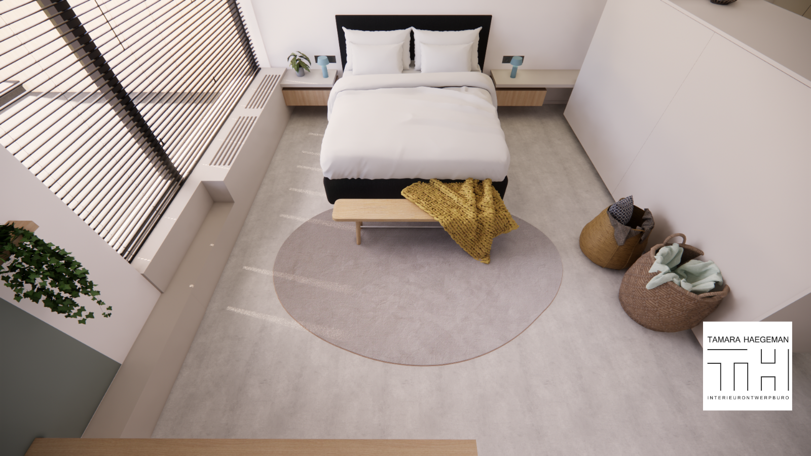 Interieurontwerp slaapkamer met Ocean vormig tapijt aan bedeinde.